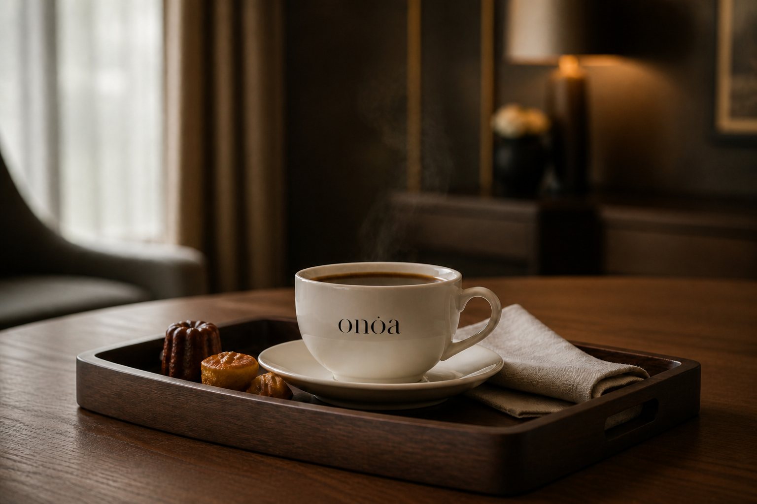 A cup of coffee with the Onoa logo on a tray at the showroom in San Jose del Cabo